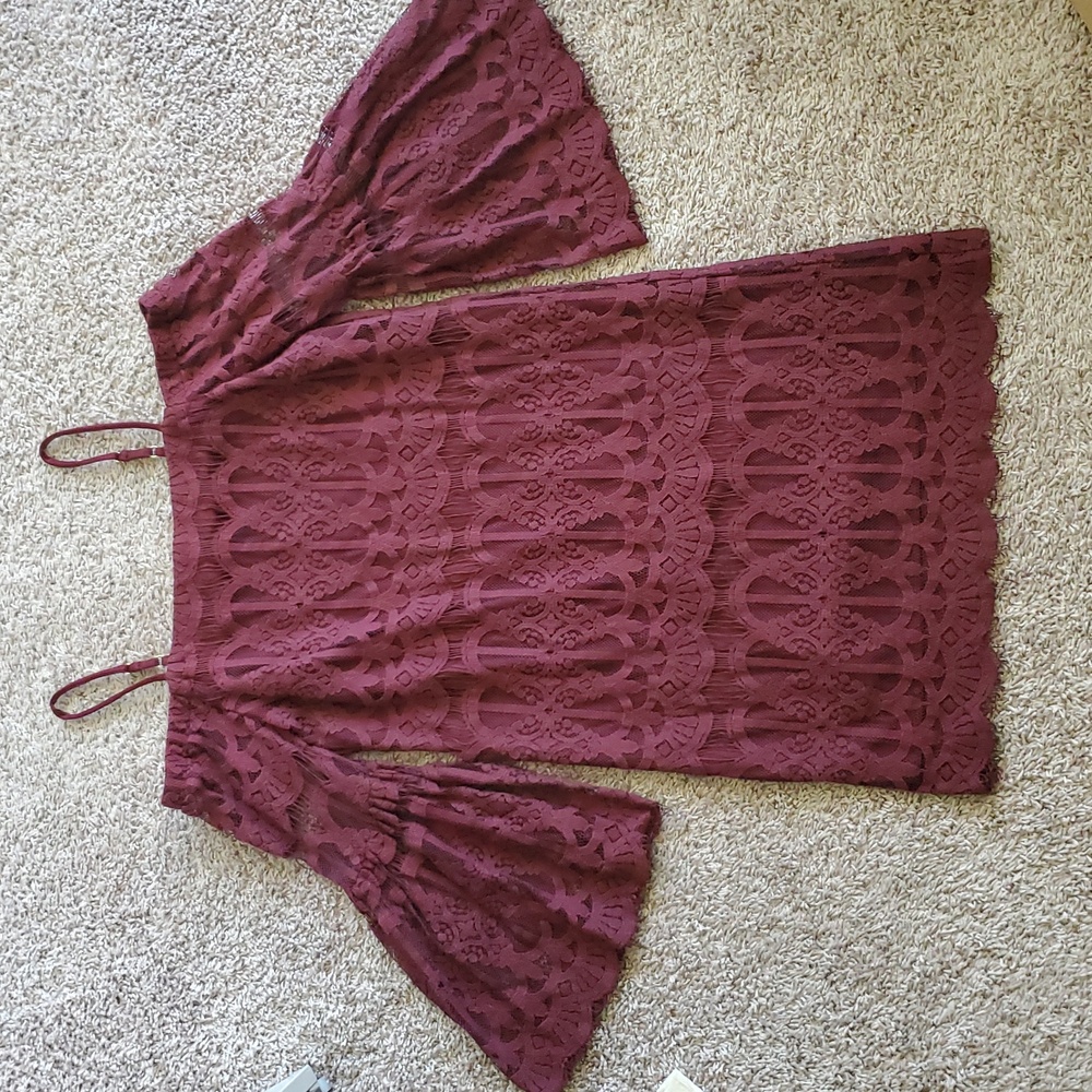 Boho Lace Maroon Off Shoulder Bell Sleeve Dress